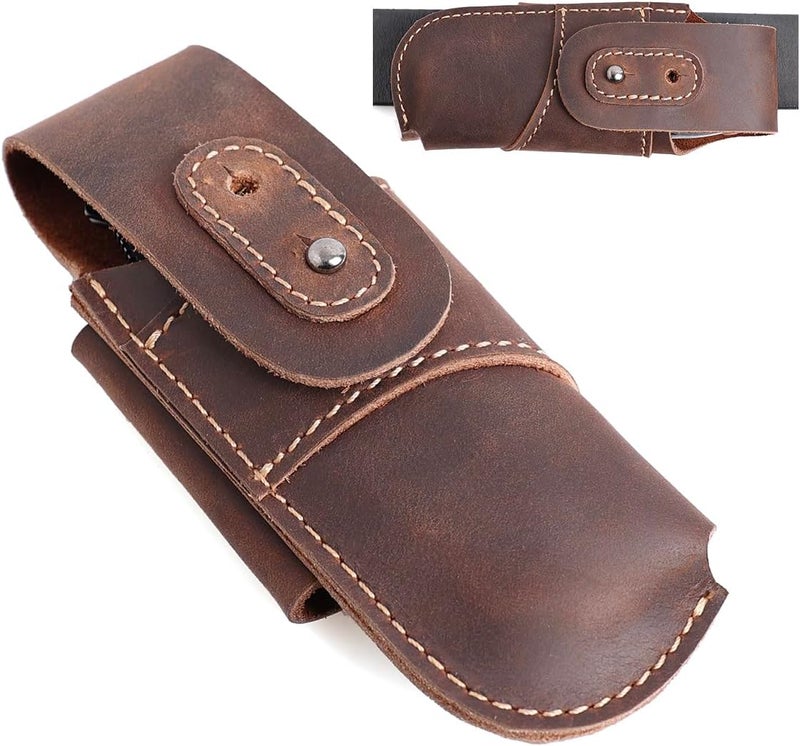 topstache Leather Pocket Knife Sheath - Belt Loop EDC Belt Organizer - Horizontal Carry Knife Holder- Multitool Sheath with Two Snap Closure for Folding Knife, Darkbrown - Image 1